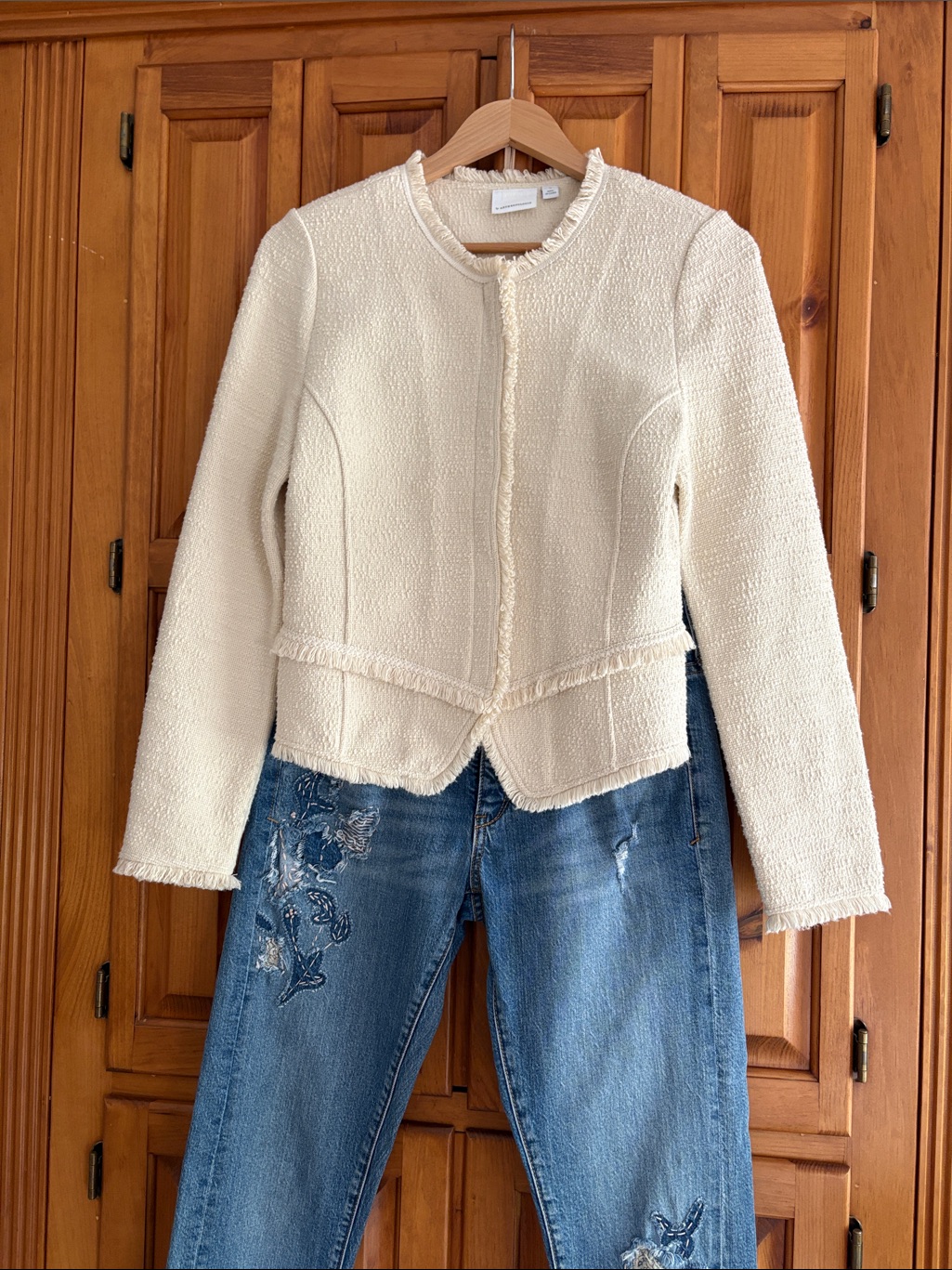 Anthropologie Cream Fringe-Trim Textured Jacket